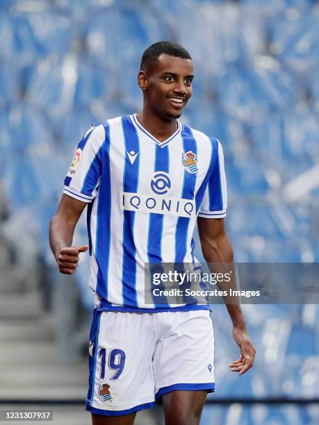 Alexander Isak of Real Sociedad Celebrates 3-0 during the La Liga Santander match between Real Sociedad v Deportivo Alaves at the Estadio Reale Arena...