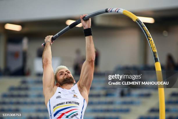 France's Valentin Lavillenie competes and wins the men pole vault final during the Athletics French Indoor Championships at the Stadium Miramas...