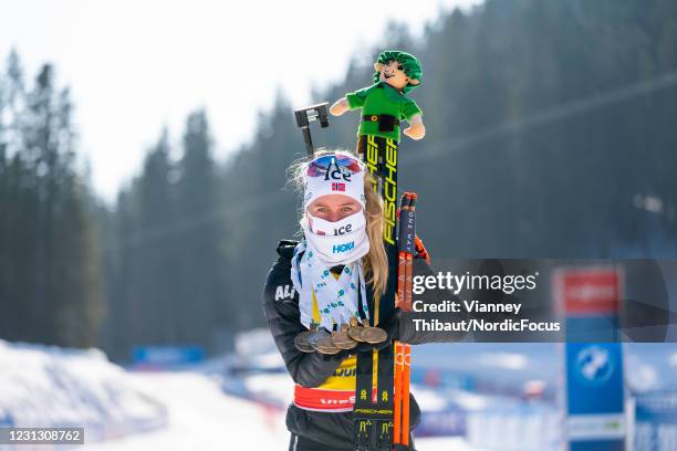 Tiril Eckhoff of Norway takes third place during the Women 12.5 km Mass Start Competition at the IBU World Championships Biathlon Pokljuka at on...