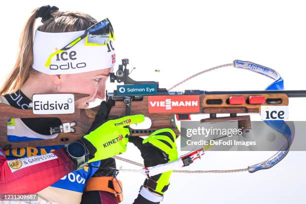 Marte Olsbu Roeiseland of Norway at the shooting range during the Women 12.5 km Mass Start Competition at the IBU World Championships Biathlon...