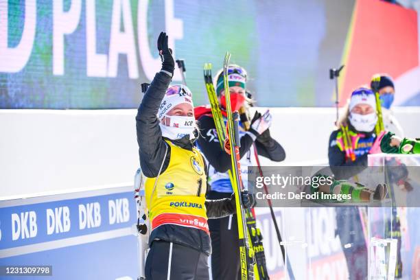 Tiril Eckhoff of Norway at the medal ceremony during the Women 12.5 km Mass Start Competition at the IBU World Championships Biathlon Pokljuka at on...