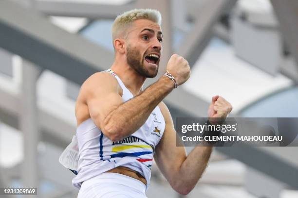 France's Valentin Lavillenie celebrates as he wins the men pole vault final during the Athletics French Indoor Championships at the Stadium Miramas...