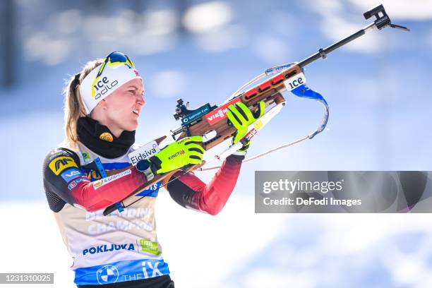 Marte Olsbu Roeiseland of Norway at the shooting range during the Women 12.5 km Mass Start Competition at the IBU World Championships Biathlon...