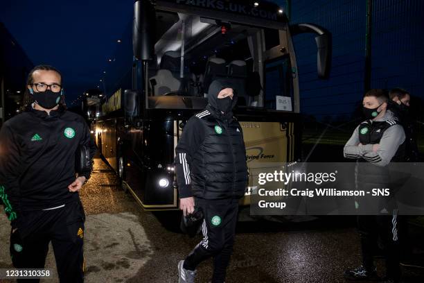 Celtic Manager Neil Lennon arrives during a Scottish Premiership match between Ross County and Celtic at The Global Energy Stadium on February 21 in...