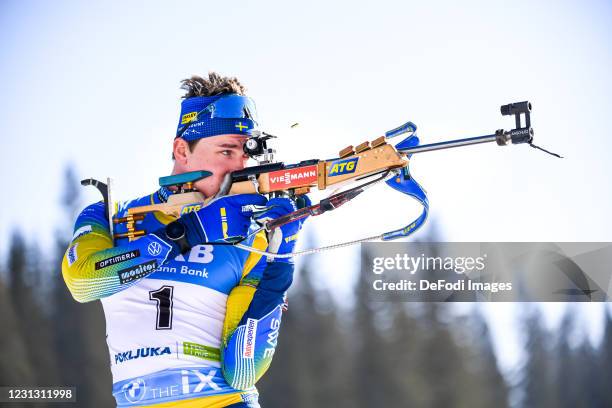 Martin Ponsiluoma of Sweden at the shooting range during the Men 15 km Mass Start Competition at the IBU World Championships Biathlon Pokljuka at on...