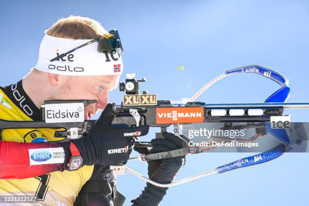 Johannes Thingnes Boe of Norway at the shooting range during the Men 15 km Mass Start Competition at the IBU World Championships Biathlon Pokljuka at...