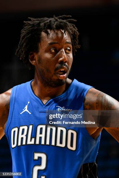 Al-Farouq Aminu of the Orlando Magic looks on during the game against the Detroit Pistons on February 21, 2021 at Amway Center in Orlando, Florida....