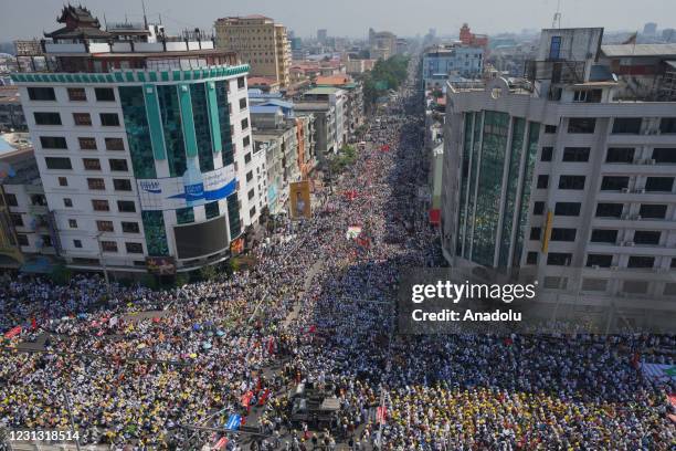 Numbers of people gather to protest against a military coup in Mandalay, Myanmar, February 22, 2021.