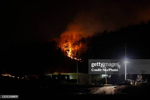 Wildfire burns on a mountain in Yecheon, North Gyeongsang Province, on Feb. 22, 2021. Forest fires broke out across South Korea on a dry Sunday, with...