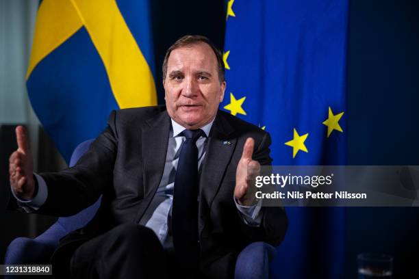 Swedens Prime Minister Stefan Lofven is pictured during an interview on February 17, 2021 in Stockholm, Sweden.