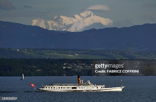 The 'Simplon' paddle streamer of the Compagnie Generale de Navigation sur le lac Leman, commonly abbreviated to CGN, sails on Lake Geneva with the...