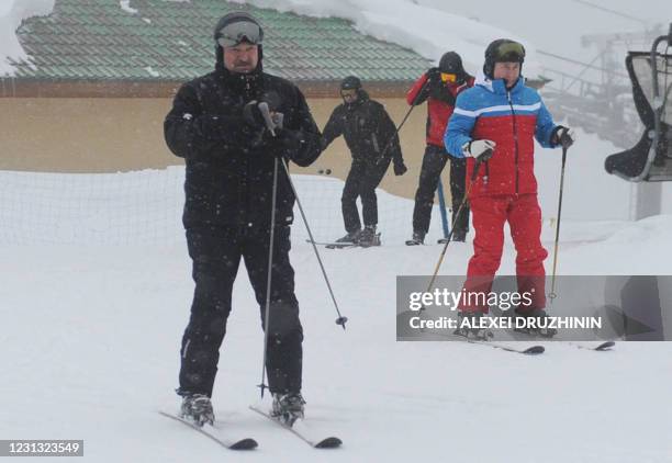 Russia President Vladimir Putin and Belarus President Alexander Lukashenko go skiing after their meeting in Sochi on February 22, 2021.