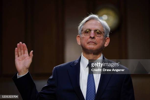 Attorney General nominee Merrick Garland is sworn-in during his confirmation hearing before the Senate Judiciary Committee in the Hart Senate Office...