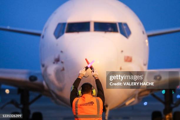 Tunisair Boeing 737 passenger aircraft arrives at Nice airport in Nice, southern France on February 22 after arriving from the Tunisian capital of...