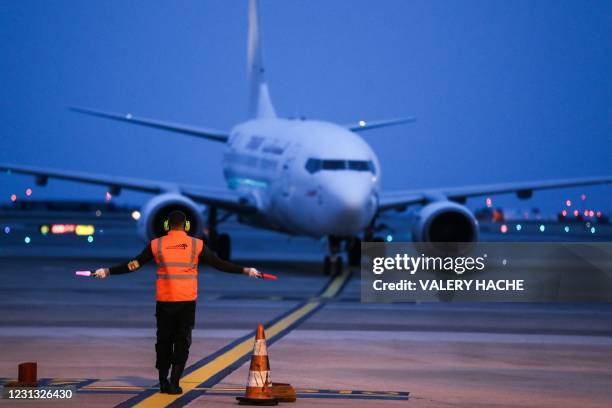 Tunisair Boeing 737 passenger aircraft arrives at Nice airport in Nice, southern France on February 22 after arriving from the Tunisian capital of...