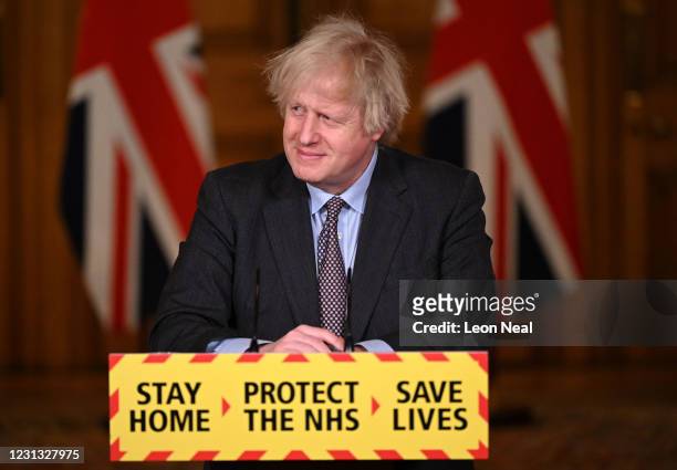 British Prime Minister Boris Johnson during a televised press conference at 10 Downing Street on February 22, 2021 in London, England. The prime...