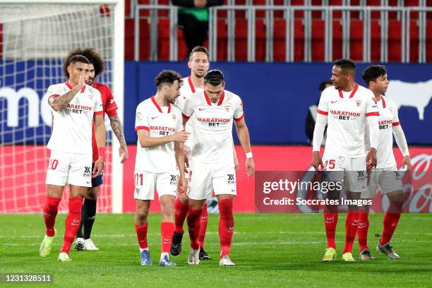 Diego Carlos of Sevilla FC celebrates 0-1 Fernando Reges of Sevilla FC, Munir El Haddadi of Sevilla FC, Jules Kounde of Sevilla FC, Jesus Navas of...