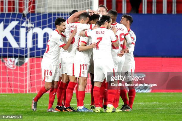 Diego Carlos of Sevilla FC celebrates 0-1 Fernando Reges of Sevilla FC, Munir El Haddadi of Sevilla FC, Jules Kounde of Sevilla FC, Jesus Navas of...