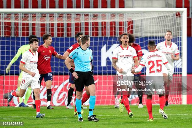 Diego Carlos of Sevilla FC celebrates 0-1 Fernando Reges of Sevilla FC, Munir El Haddadi of Sevilla FC during the La Liga Santander match between...