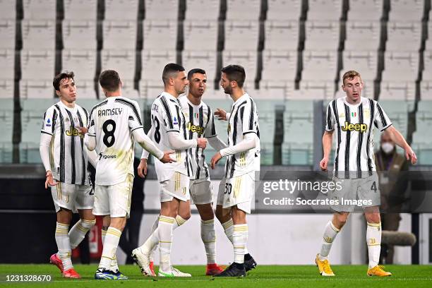 Cristiano Ronaldo of Juventus celebrates 1-0 with Federico Chiesa of Juventus, Aaron Ramsey of Juventus, Merih Demiral of Juventus, Rodrigo Bentancur...
