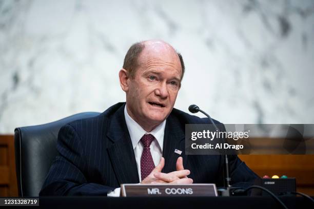 Sen. Chris Coons speaks during Attorney General nominee Merrick Garland's confirmation hearing before the Senate Judiciary Committee in the Hart...
