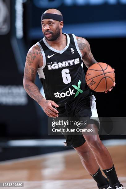 Bobby Brown of Team Ignite handles the ball against the Long Island Nets on February 22, 2021 at AdventHealth Arena in Orlando, Florida. NOTE TO...