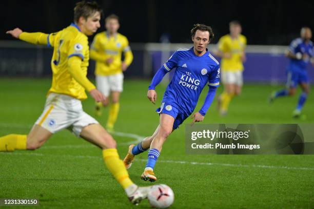 Harry McKirdy of Leicester City with James Furlong of Brighton and Hove Albion during the Premier League 2 match between Leicester City and Brighton...