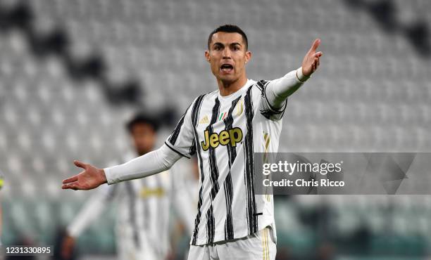 Cristiano Ronaldo of Juventus reacts during the Serie A match between Juventus and FC Crotone at Allianz Stadium on February 22, 2021 in Turin,...