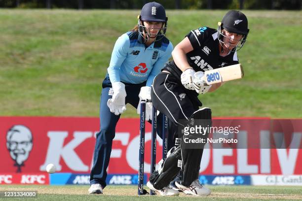 New Zealands Brooke Halliday bats during the first One Day International cricket match between New Zealand Women and England Women at Hagley Oval in...