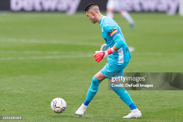 Goalkeeper Ivan Cuellar of CD Leganes controls the ball during the Liga Smartbank match betwen CD Leganes and CD Tenerife at Estadio Municipal de...