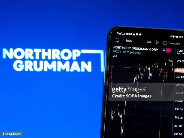 In this photo illustration of the TradingView stock market chart of Northrop Grumman Corporation seen displayed on a smartphone with a logo of...