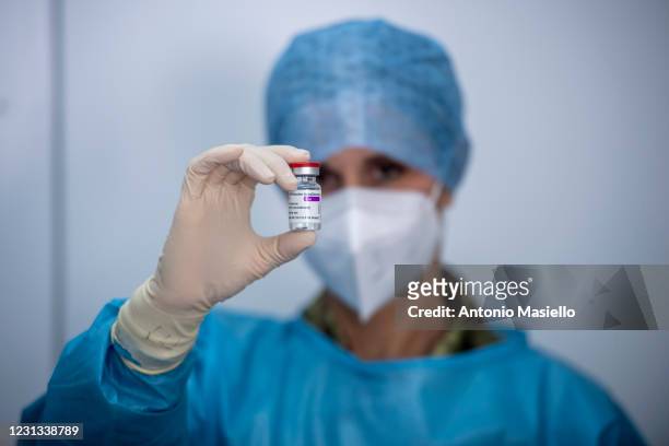 Healthcare worker of the Italian Army prepares doses of the AstraZeneca COVID-19 vaccine, as part of COVID-19 vaccinations plan for the military...