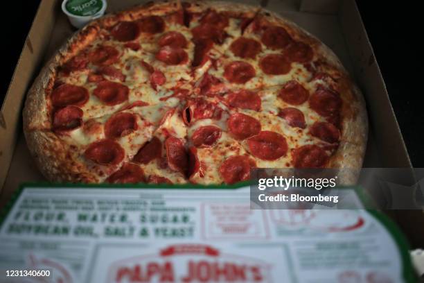 Papa John's International Inc. Pepperoni pizza arranged in Louisville, Kentucky, U.S., on Monday, Feb. 22, 2021. Papa John's International Inc. Is...
