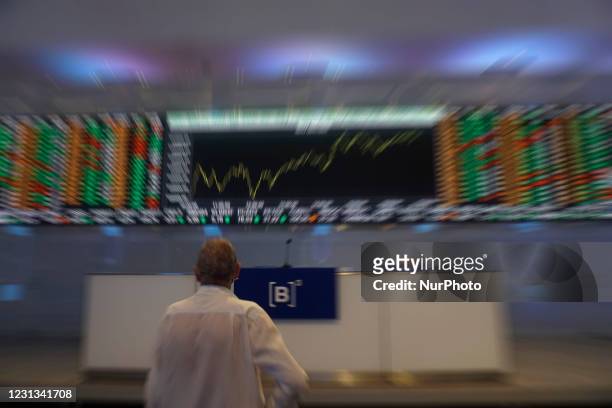 An electronic board shows the index chart at the Sao Paulo Stock Exchange in Sao Paulo, Brazil, on February 22, 2021.