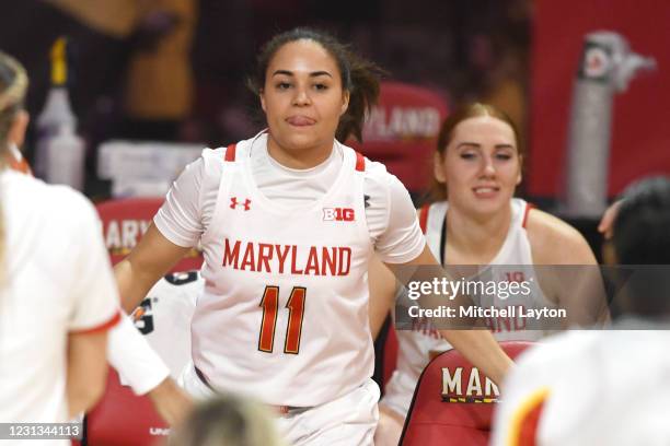 Katie Benzan of the Maryland Terrapins is introduced before a women's college basketball game against the Iowa Hawkeyes at Xfinity Center on February...