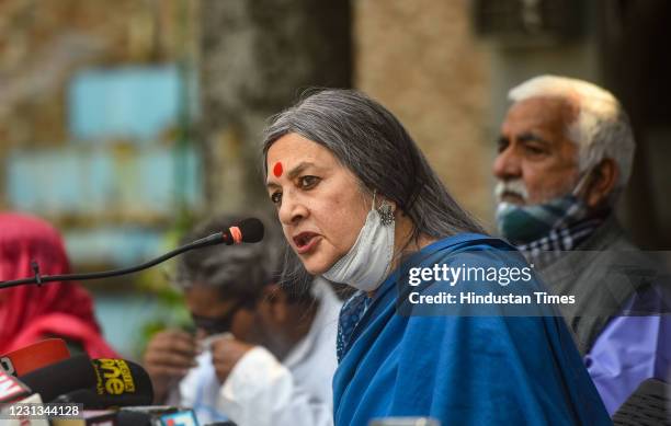 Leader Brinda Karat with people affected by the 2020 Delhi riots during a press conference on the topic of 'Subversion of Justice, Role of State...