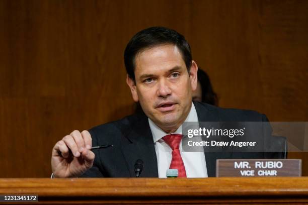 Ranking member Sen. Marco Rubio questions witnesses during a Senate Intelligence Committee hearing on Capitol Hill on February 23, 2021 in...