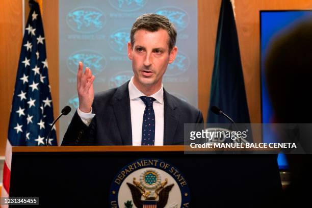 State Department spokesman Ned Price speaks during a news conference at the State Department on February 23 in Washington, DC.