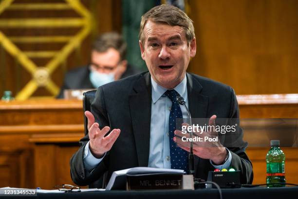 Senator Michael Bennet speaks a Senate Intelligence Committee hearing on Capitol Hill on February 23, 2021 in Washington, DC. The hearing focused on...
