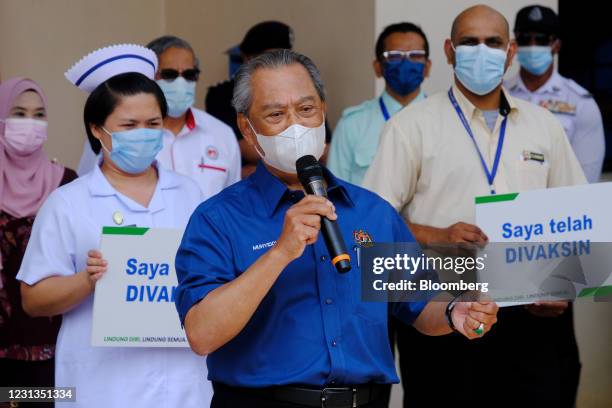 Muhyiddin Yassin, Malaysia's prime minister, during a news conference after receiving the Pfizer-BioNTech Covid-19 vaccine at the district health...