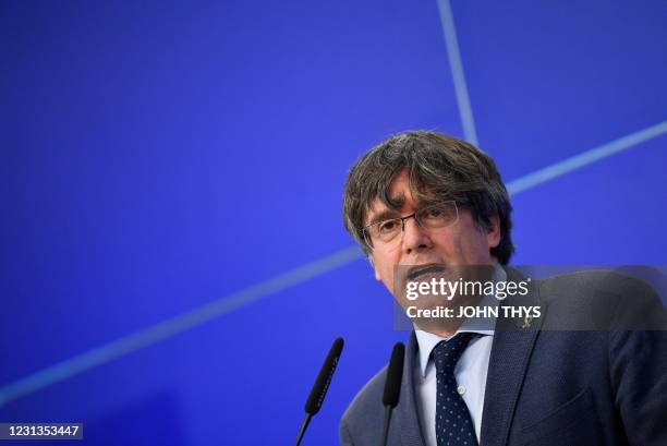 Catalan leader in exile and MEP's Carles Puigdemont gives a press conference at the EU parliament in Brussels on February 24, 2021. - The European...