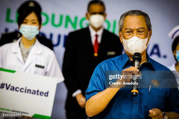 Prime Minister of Malaysia, Tan Sri Muhyiddin Yassin speaks after undergoing the Covid-19 vaccine process in Putrajaya, Malaysia on February 24, 2021.