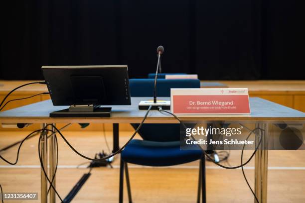 The empty space of the mayor of the eastern German city of Halle, Bernd Wiegand , before a meeting of the City Councilon on February 24, 2021 in...