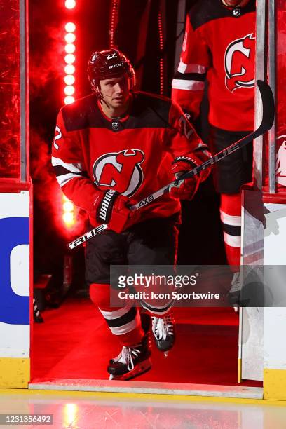 New Jersey Devils defenseman Ryan Murray enters the ice prior to the National Hockey League game between the New Jersey Devils and tyhe Buffalo...