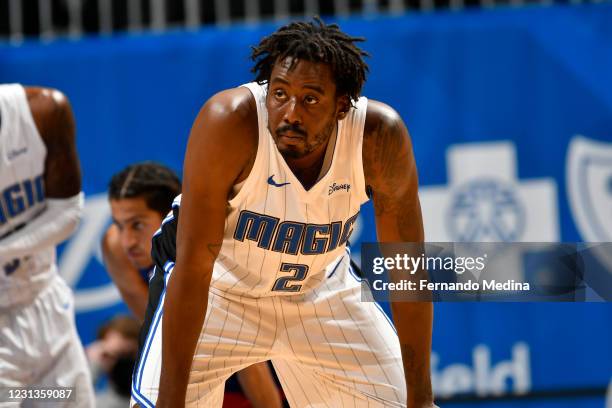 Al-Farouq Aminu of the Orlando Magic looks on against the Detroit Pistons on February 23, 2021 at Amway Center in Orlando, Florida. NOTE TO USER:...