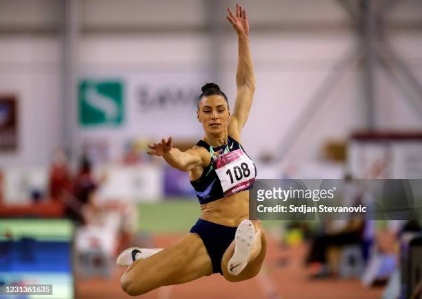 Ivana Spanovic of Serbia in action during the Women's Long Jump competition at Serbian Open Indoor Meeting on February 24, 2021 in Belgrade, Serbia.