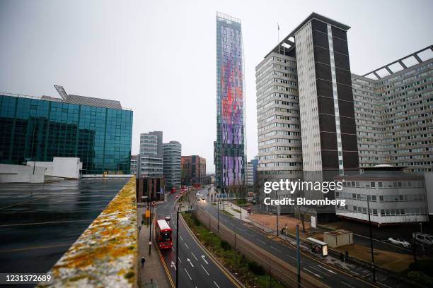 The purple and red Saffron Square high-rise housing development in Croydon, south London, U.K., on Monday, Feb. 22, 2021. Saddled with commercial...