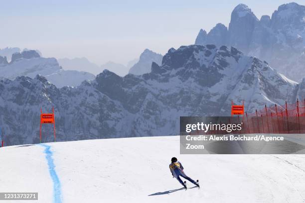 Federica Brignone of Italy in action during the Audi FIS Alpine Ski World Cup Women's Downhill Training on February 25, 2021 in Val di Fassa, Italy.