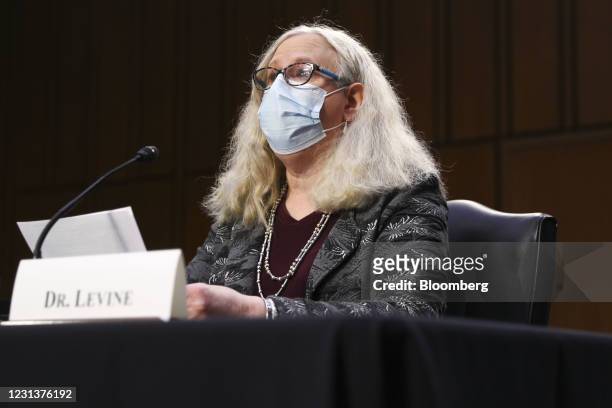 Rachel Levine, assistant secretary of Health and Human Services nominee for U.S. President Joe Biden, wears a protective mask during a Senate Health,...