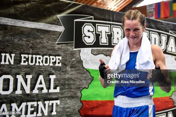 Sofia , Bulgaria - 25 February 2021; Mira Potkonen of Finland following victory in her women's welterweight 60kg quarter-final bout against Raykhona...